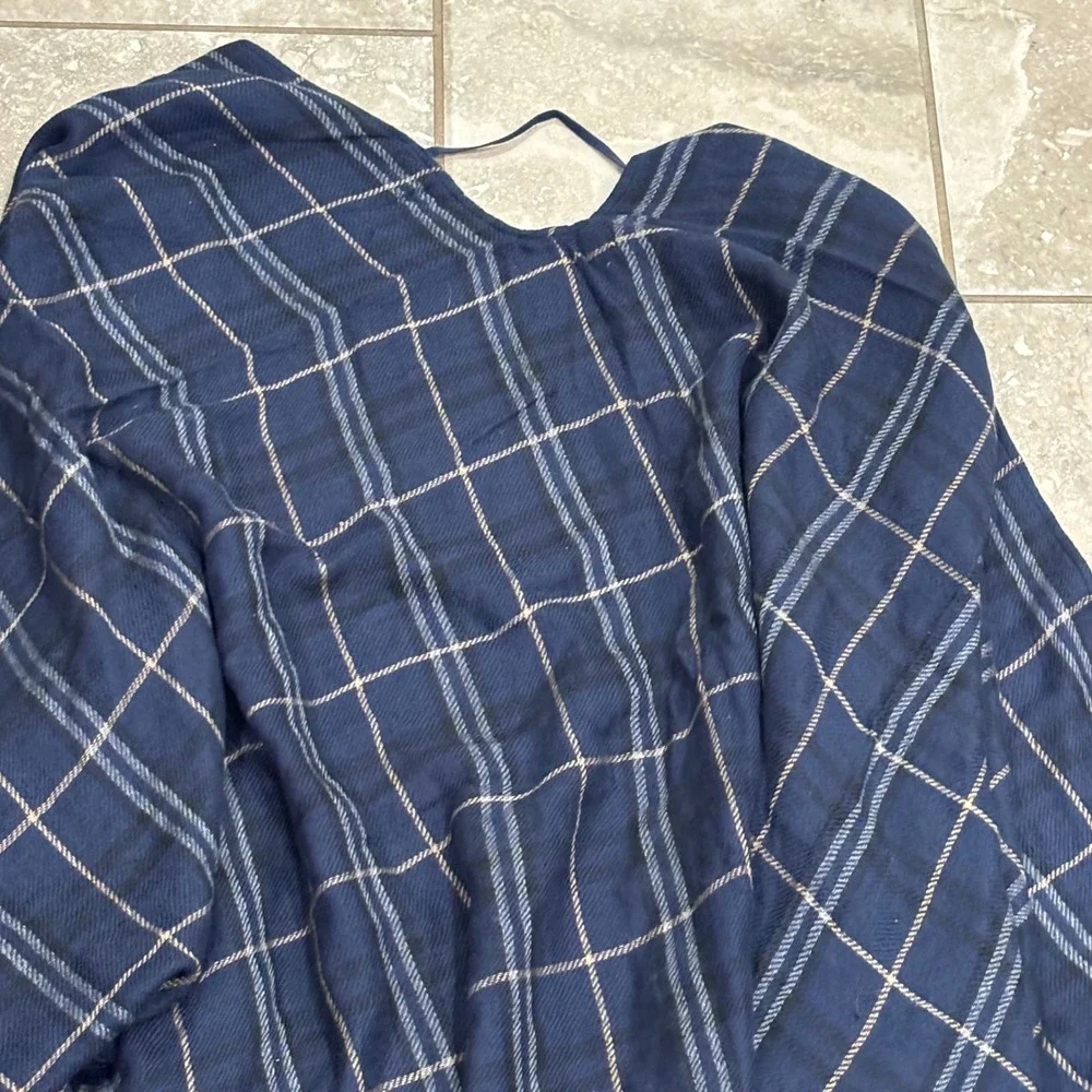 Abercrombie & Fitch Navy Blue Plaid Poncho Wrap Fringe Trim One Size